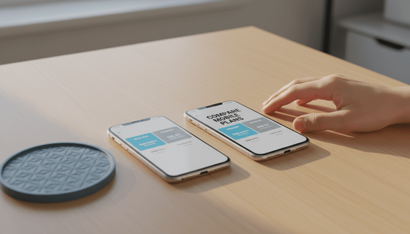 Two mobile phones showing plan comparison screens on a table