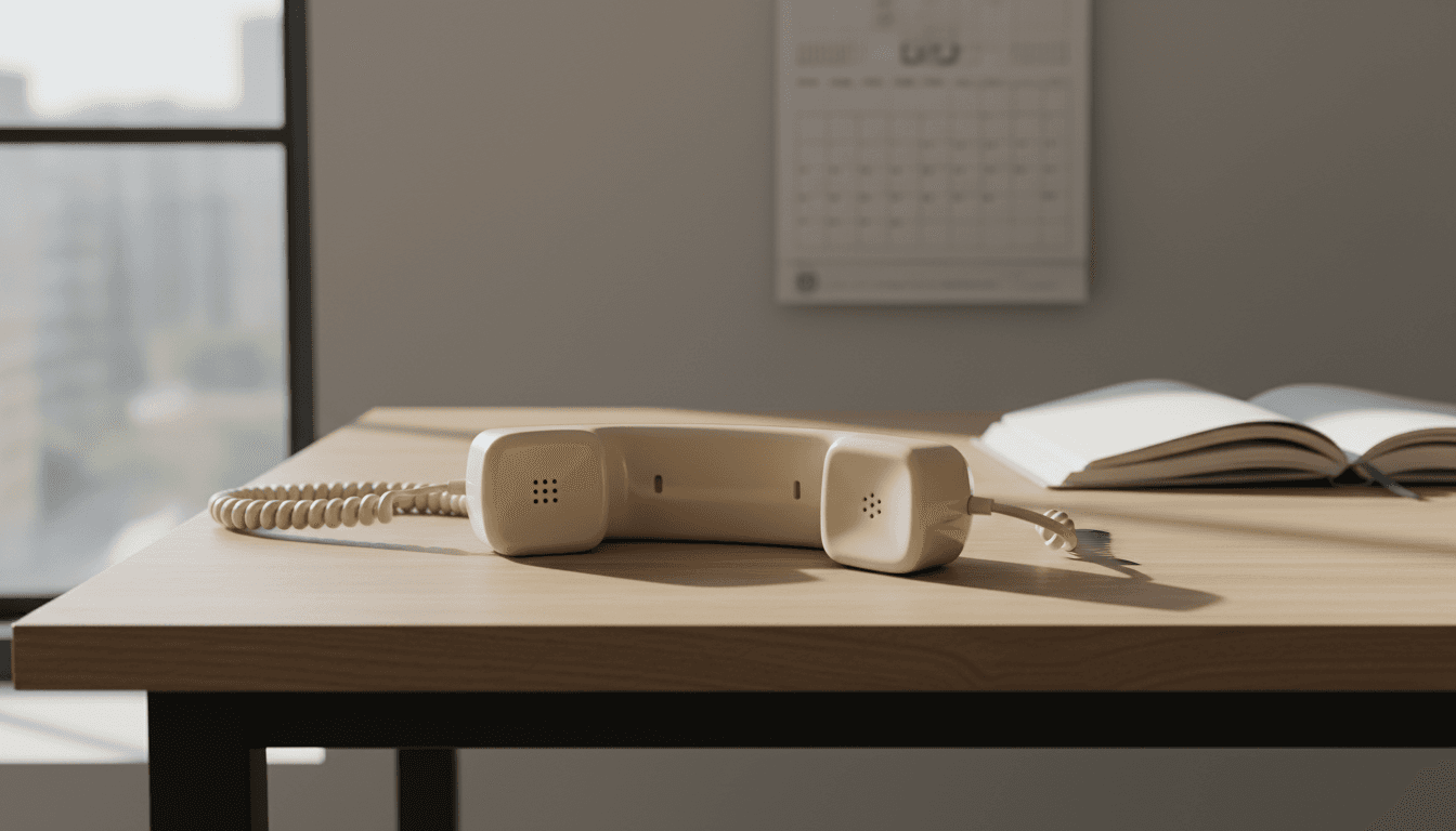 Telephone receiver on a desk with notebook and calendar in soft natural light
