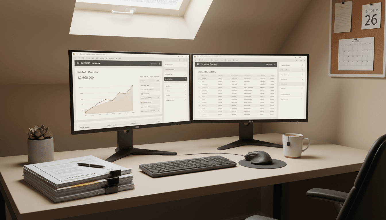 Monitors displaying account details in an office