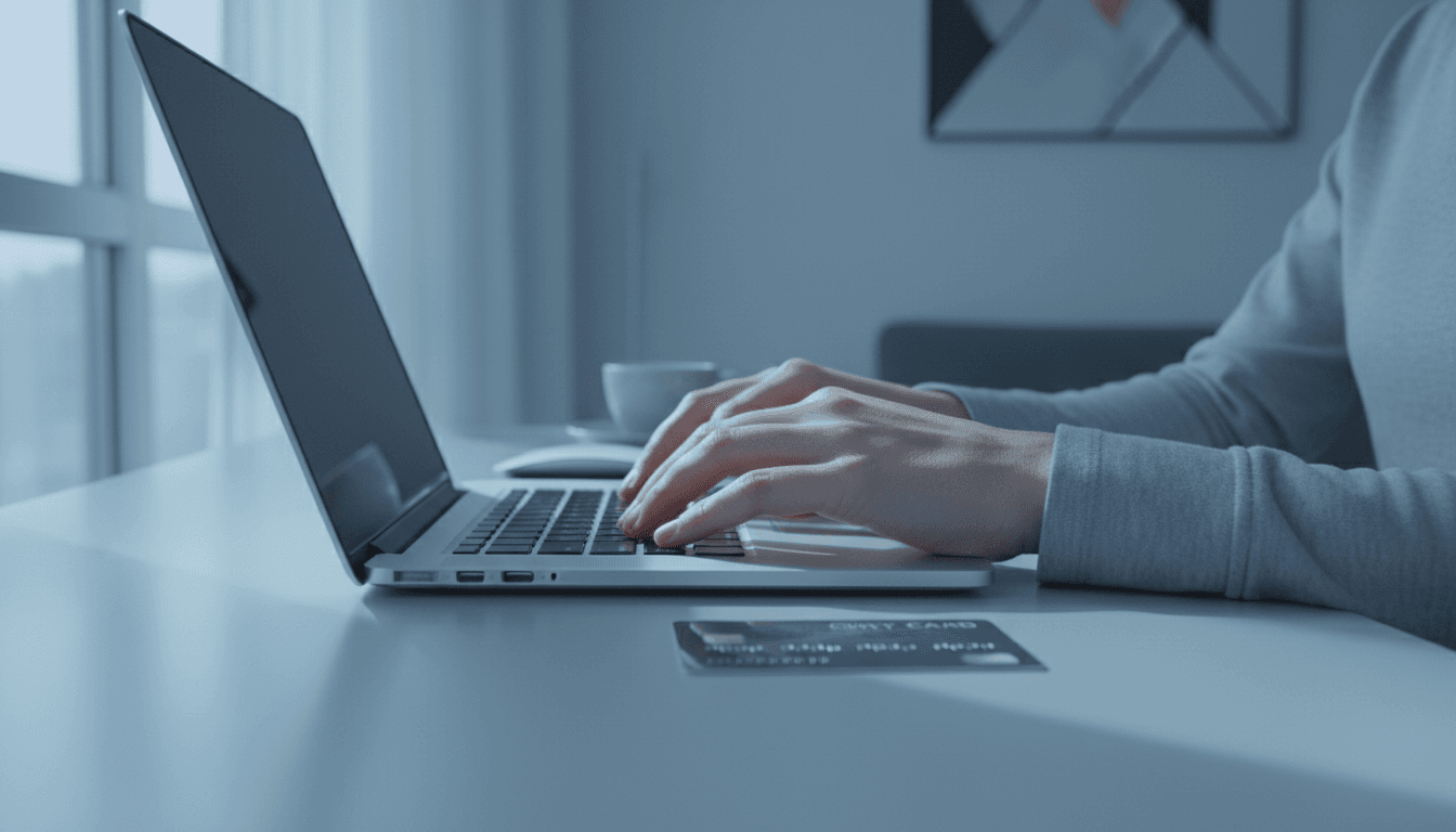 Credit card next to a laptop on a desk