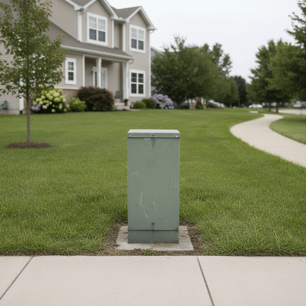 Street-level fiber optic pedestal in a residential neighborhood