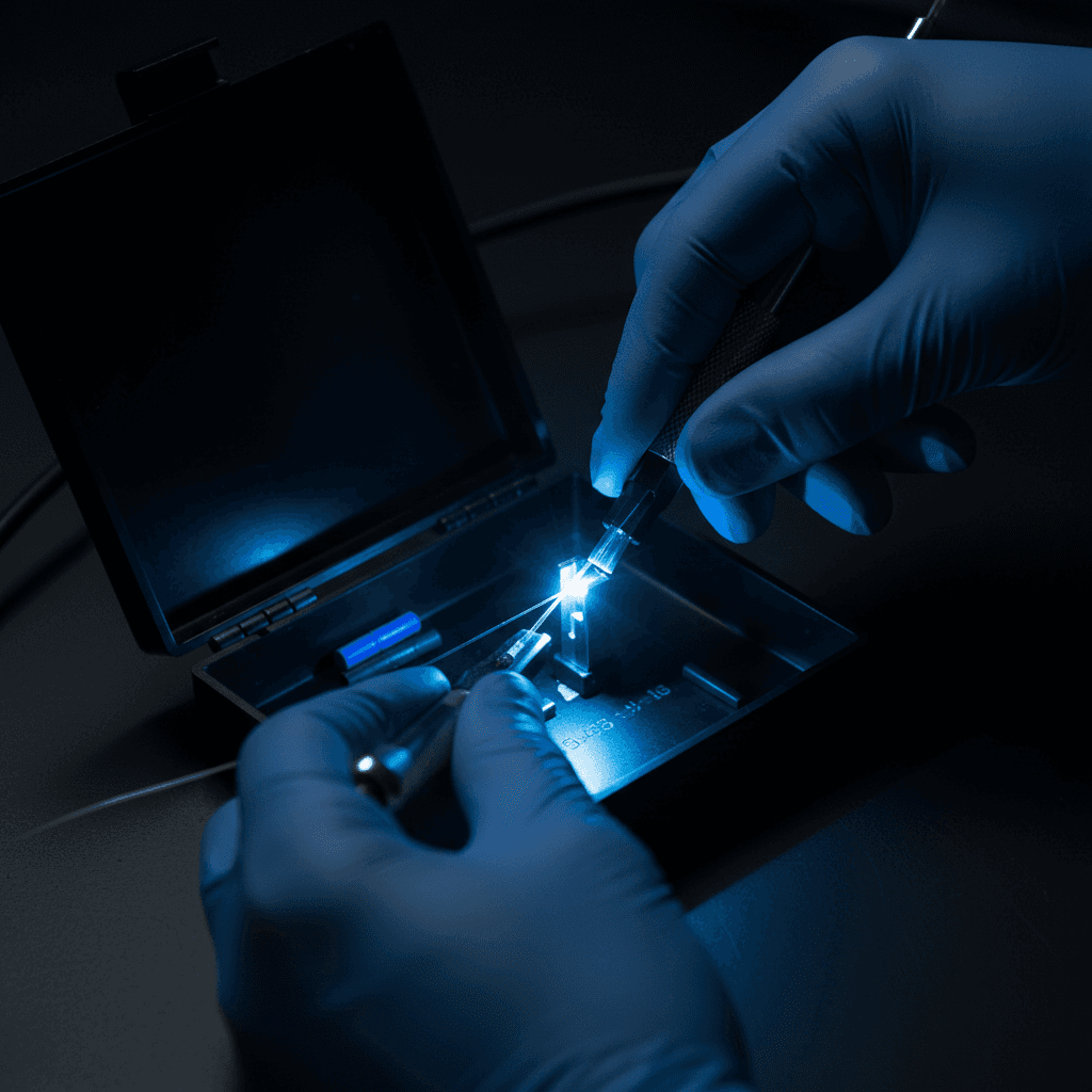 Gloved hands splicing fiber optic cables in a splice tray