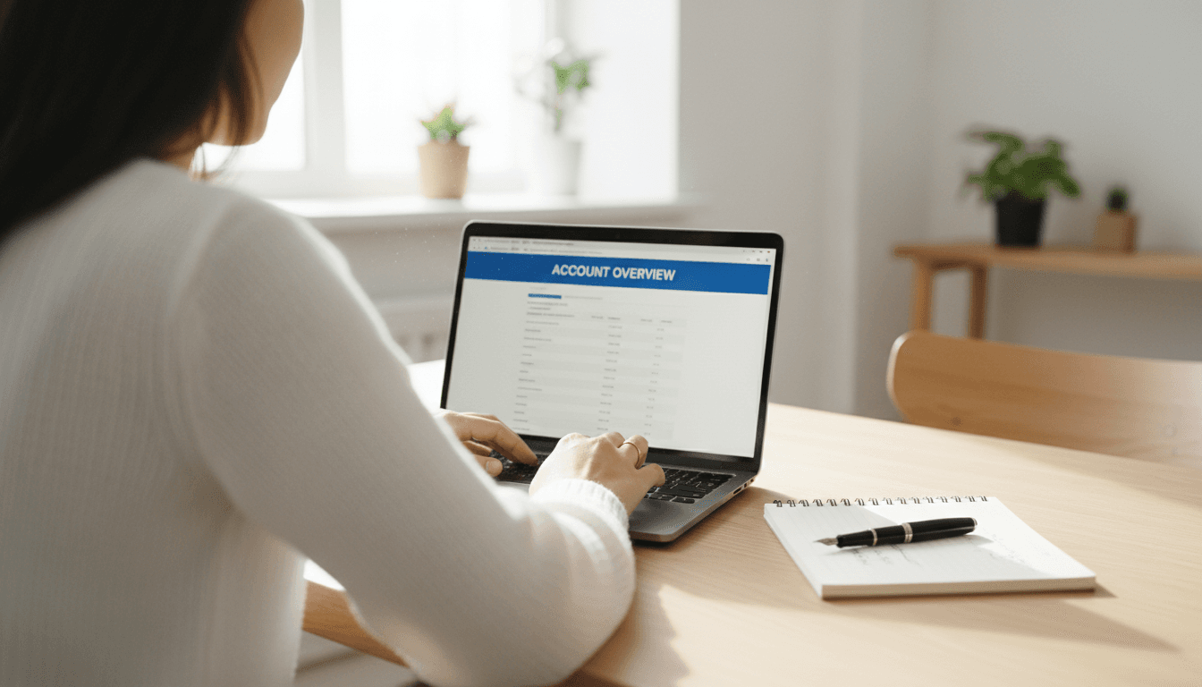 Person reviewing account history on a laptop with a notebook nearby