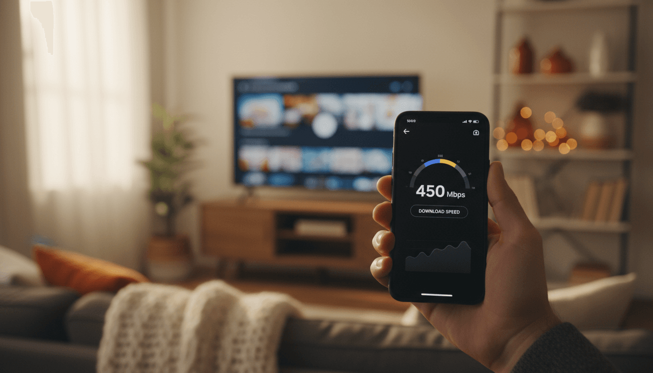 Person checking fast internet speed on smartphone in a cozy living room