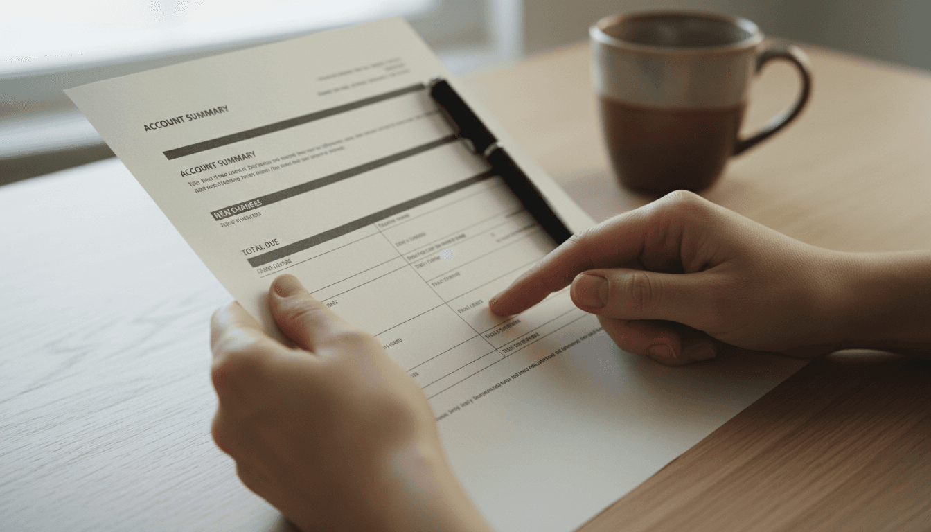 Hands reviewing a billing statement on a desk