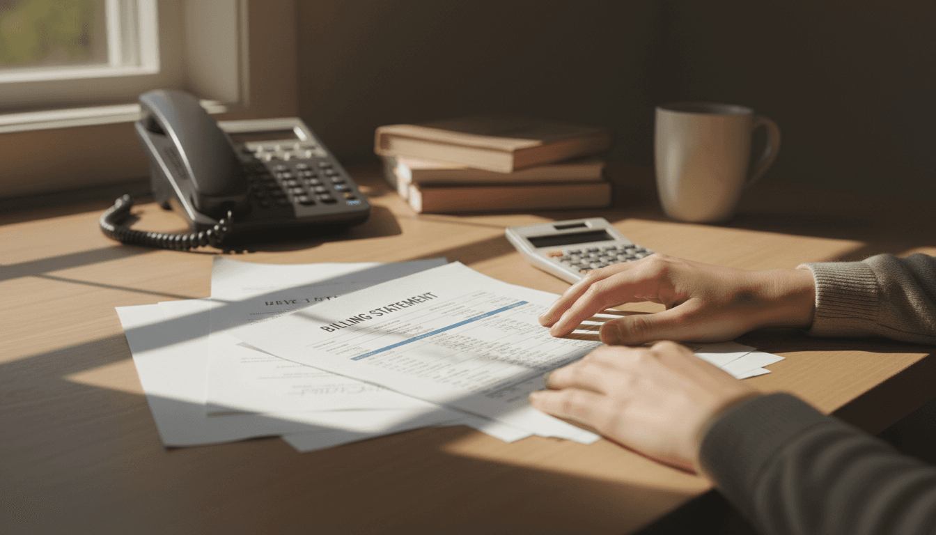 Person reviewing a billing statement at a desk with a phone nearby