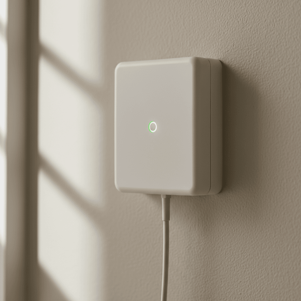 XPON fiber terminal box mounted on a wall with a green status light