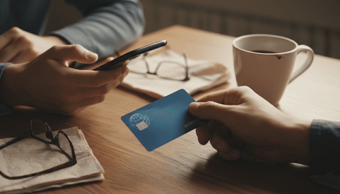 Hands handling a credit card and smartphone on a table with coffee mug and glasses