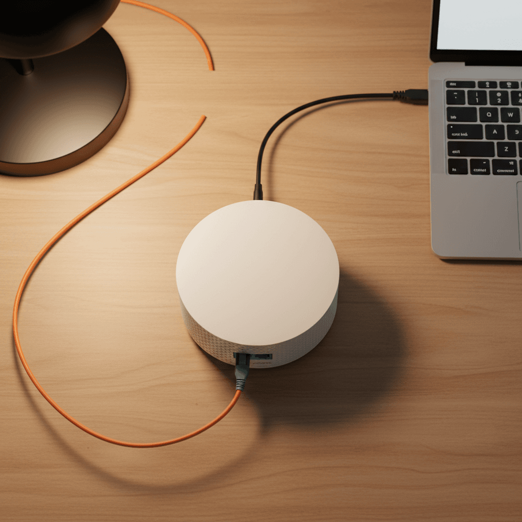 Fiber optic cable plugged into a white Wi-Fi router on a desk