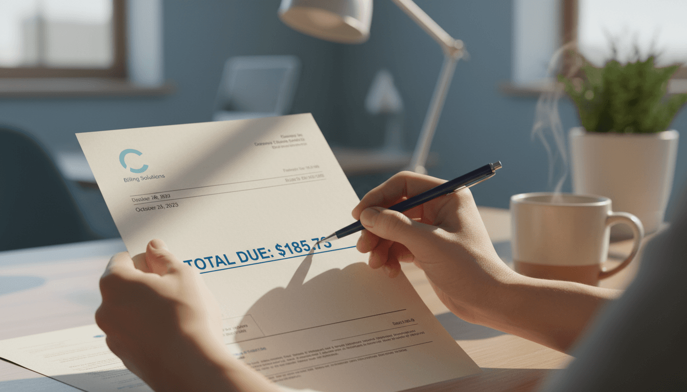 Customer reviewing a billing statement with a pen