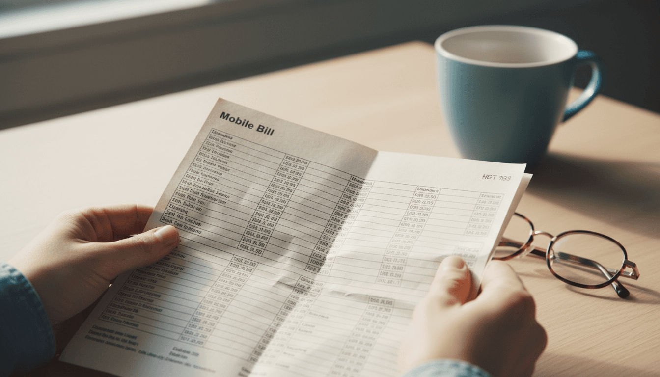 Hands holding a printed mobile phone bill with reading glasses on top