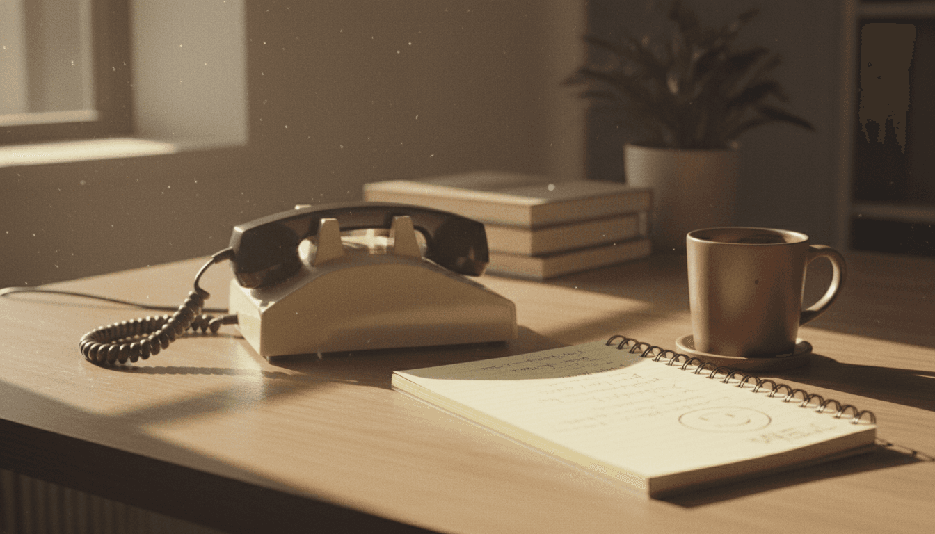 Desk with phone, notepad, and coffee mug in a home office