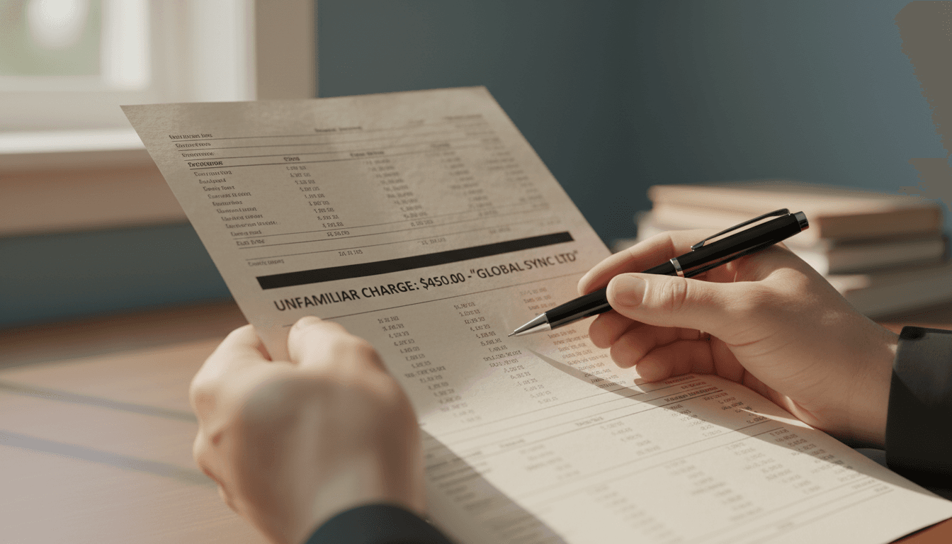 Hands holding a billing statement with a pen near a highlighted charge