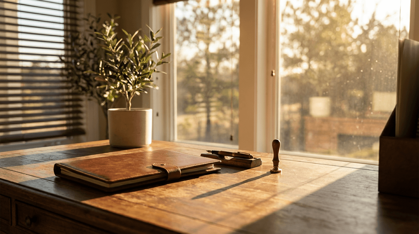 A desk with a landline phone receiver, a notepad, and a pen in a home office setting