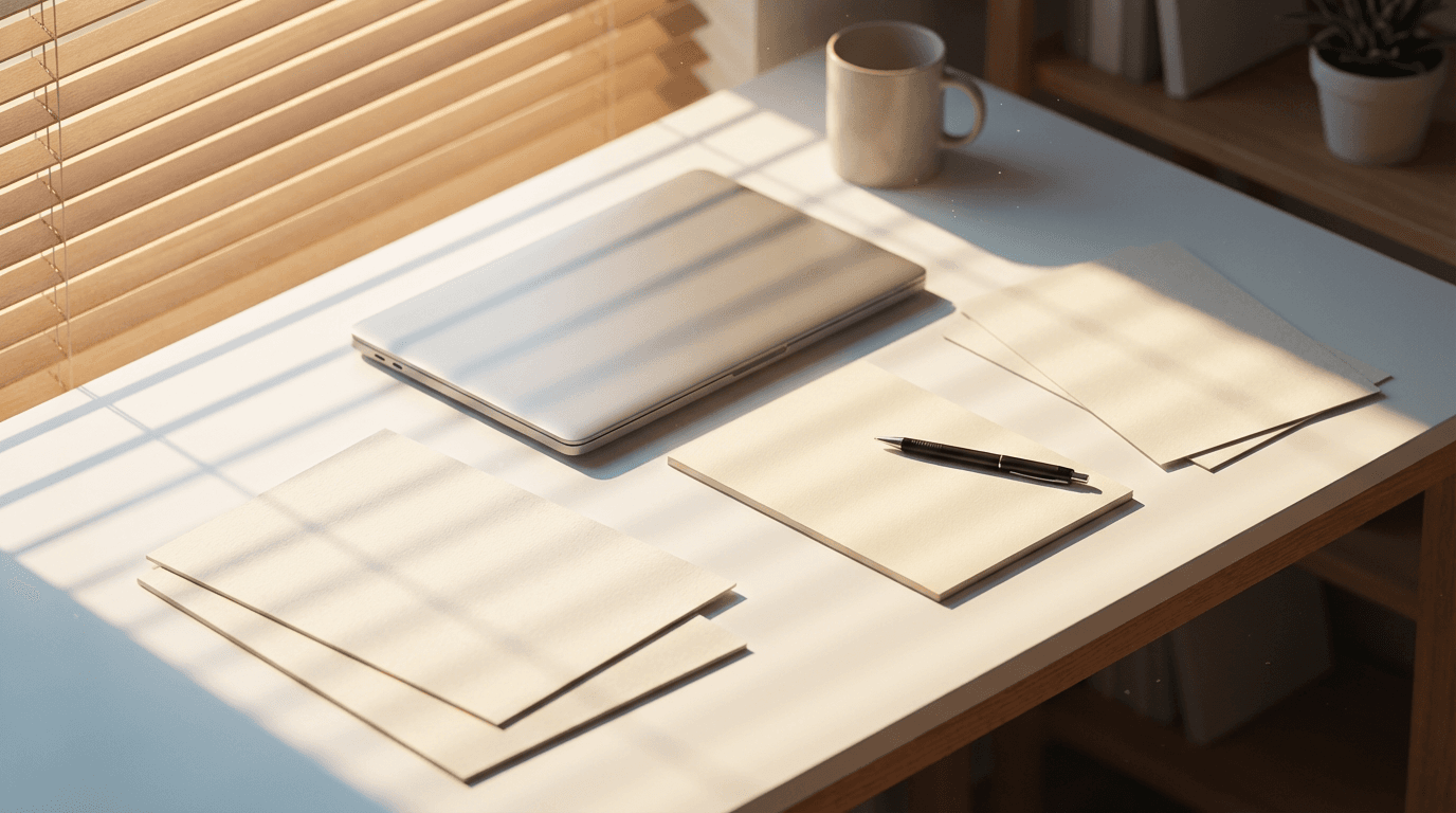 Office desk with a phone and notepad in calm morning light