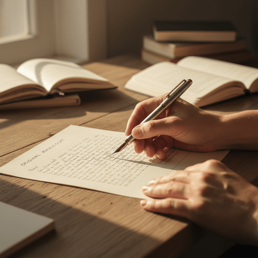 Hands reviewing a billing statement on a desk with a pen