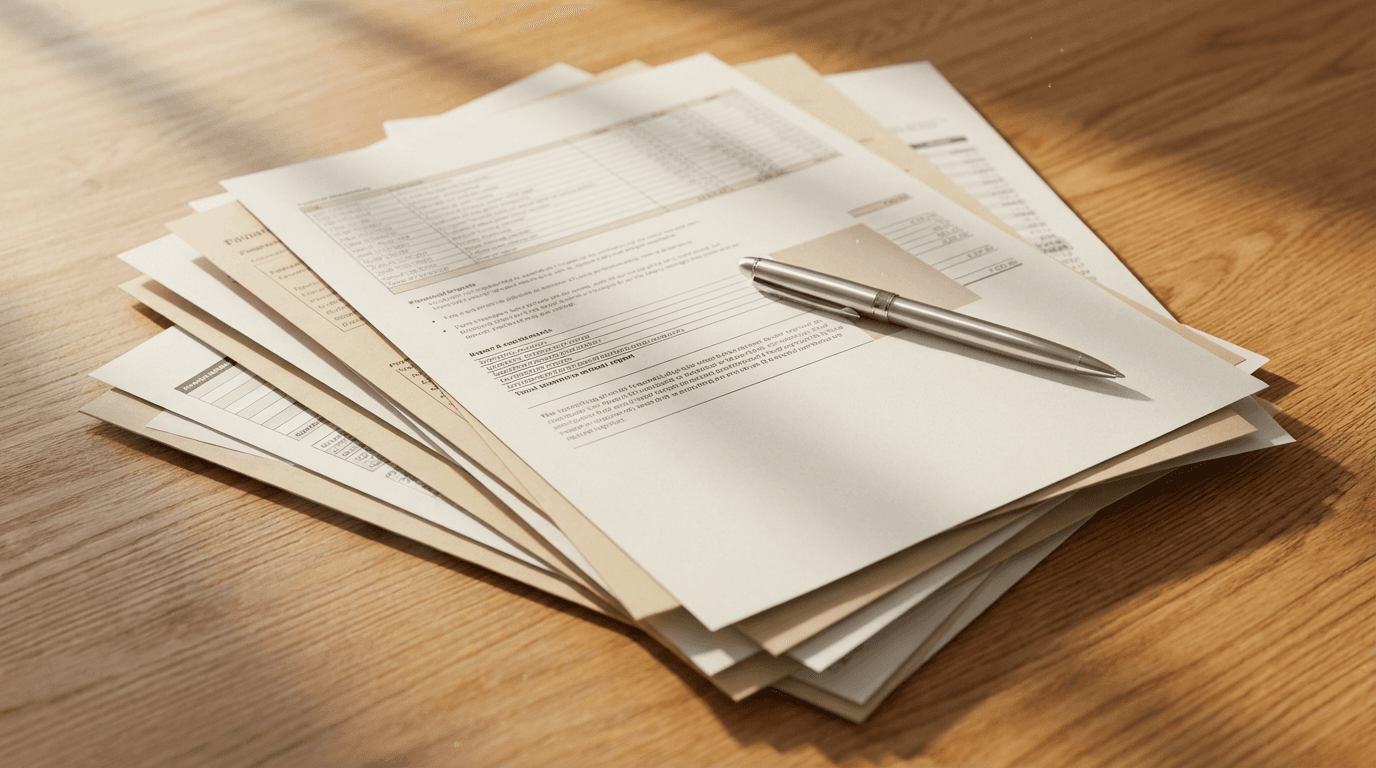 Person pointing at a billing statement on a desk