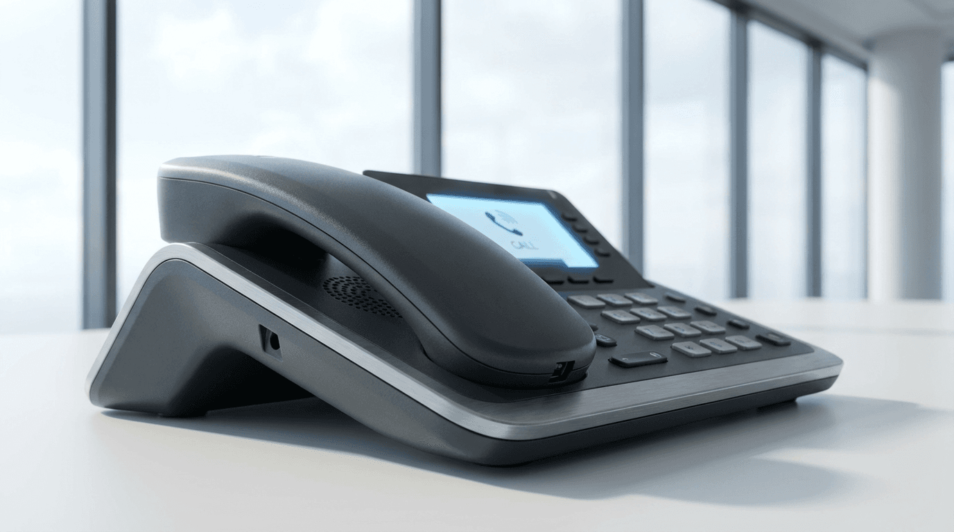 Hand holding a phone receiver on a desk with a blurred home office background