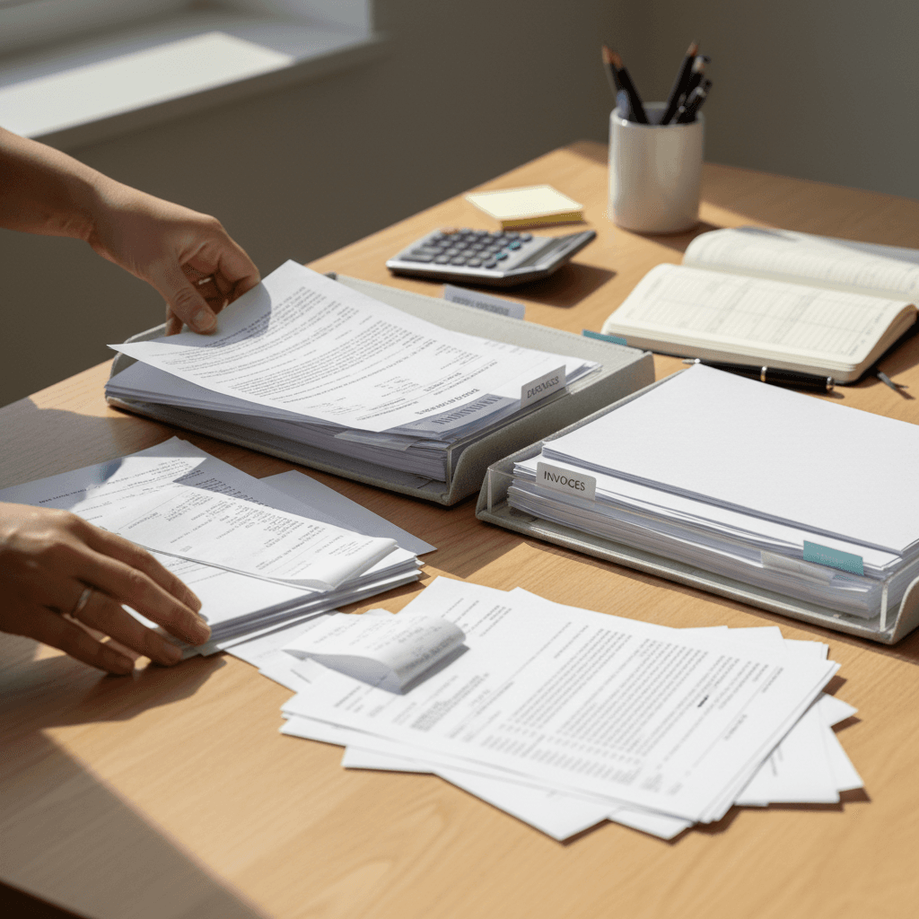Hands flipping through account records in a binder