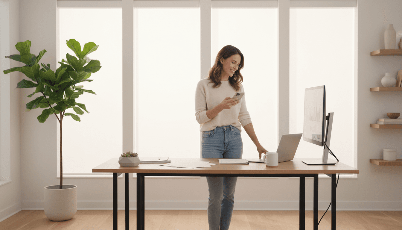 Person talking on a landline phone in a home office